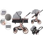 Kočík Mama Kiddies Sun Grey ELITE 3 v 1 s príslušenstvom v svetlošedej farbe+darček