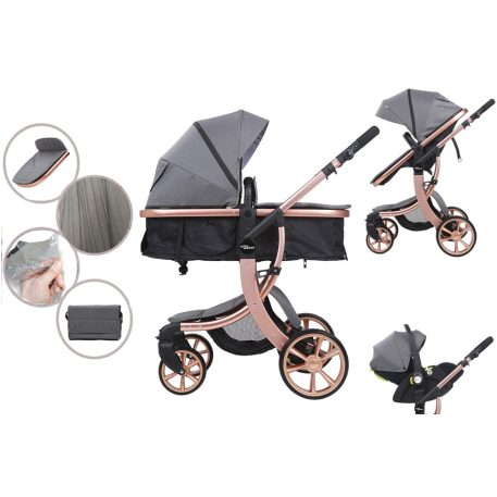 Kočík Mama Kiddies Sun Grey ELITE 3 v 1 s príslušenstvom v šedej farbe+darček