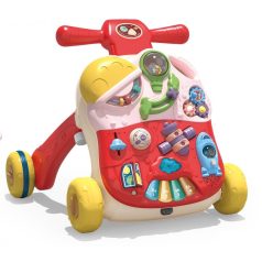   2v1 pomocné multifunkčné chodítko transformovateľné na stolík v žlto-červenej farbe