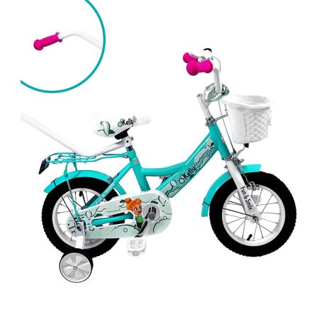 Kelly detský bicykel s rodičovskou rukoväťou – mentolový 12" + darček
