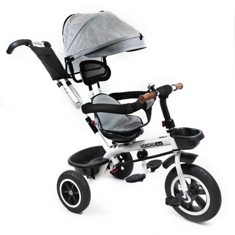 MK H-Trike Hawk trojkolka s otočným sedadlom o 360 stupňov, s rodičovskou rukoväťou a opierkou na nohy v sivej farbe