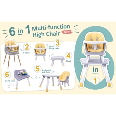 Mama Kiddies Denver 6v1 multifunkčná jedálenská stolička žltá so sadou hračiek ako darček