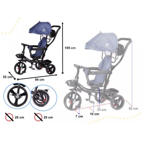 Fix Lite 3v1 trojkolka s vodiacou páčkou a stupačkami, modrá (sedadlo otočné o 360°)