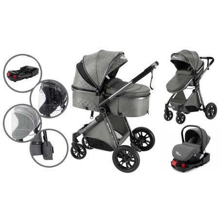 Mama Kiddies 4v1 Charlie PRO kočík s príslušenstvom v šedej farbe s ISOFIX základňou + darček